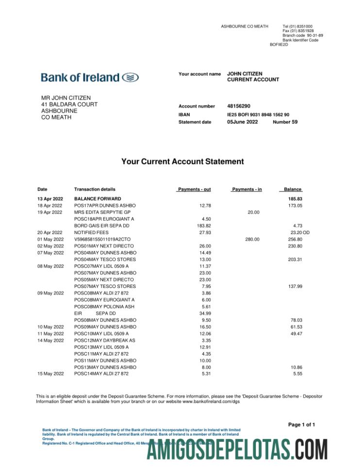 Modelo de extrato bancário para impressão do Ireland Bank Of Ireland, formato Word e PDF, 2 páginas